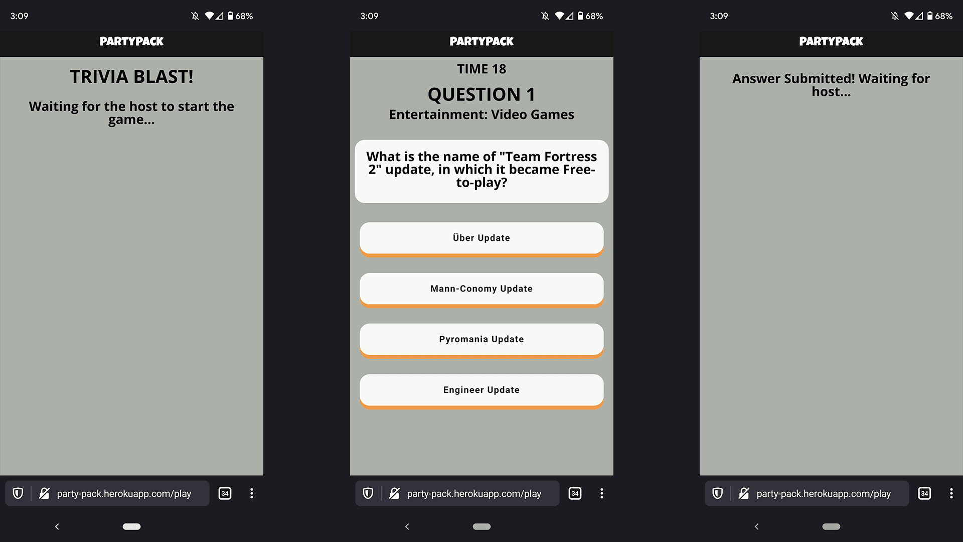 A collection a views from a player device on a mobile browser