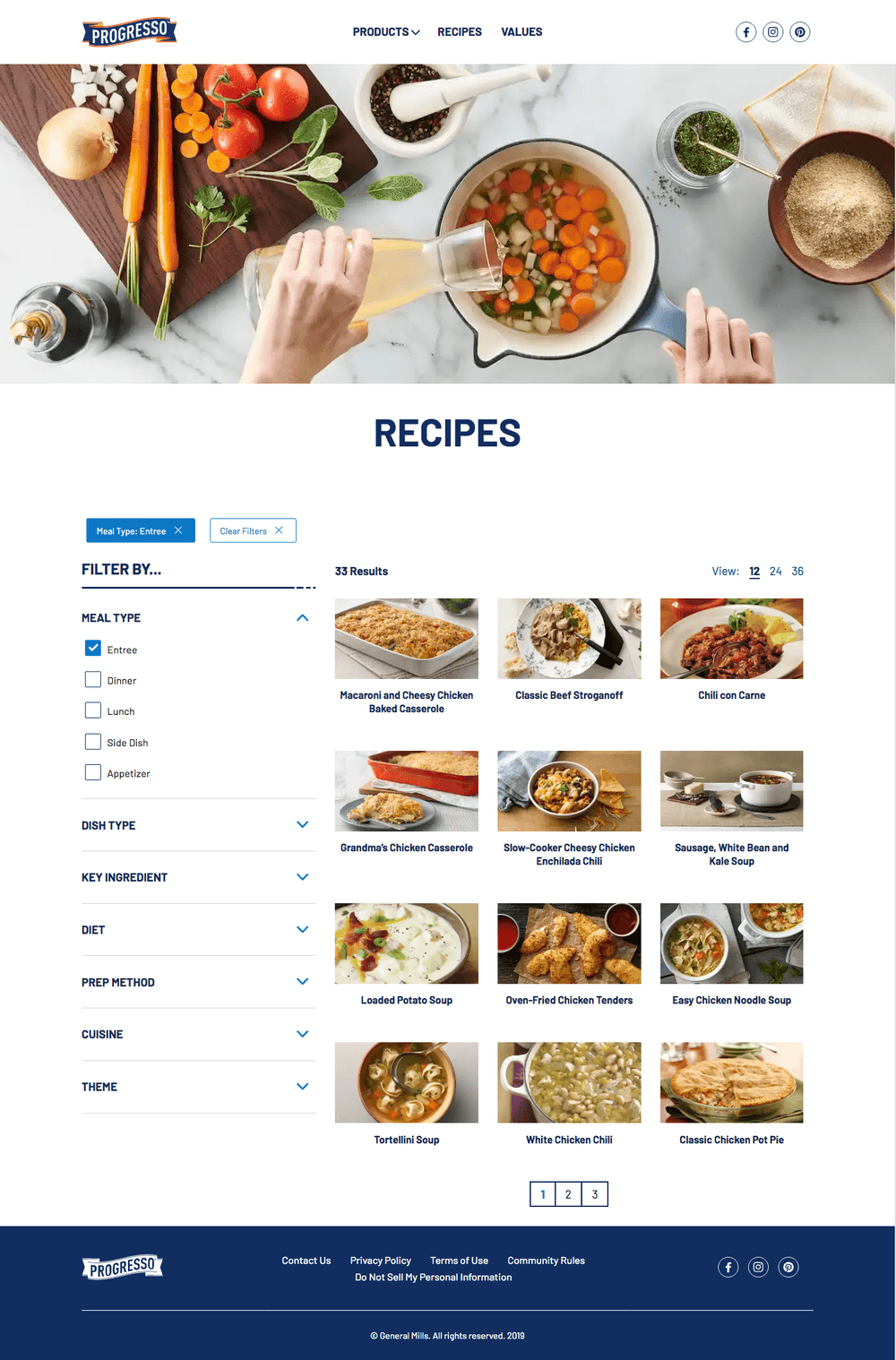 Progresso recipes listing page, showcases advanced filtering