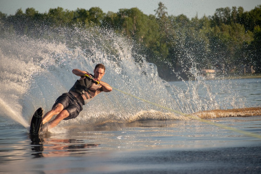 A slalom water skier on the lake