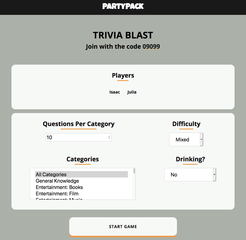 Host page of Party Pack - Players are now connected.