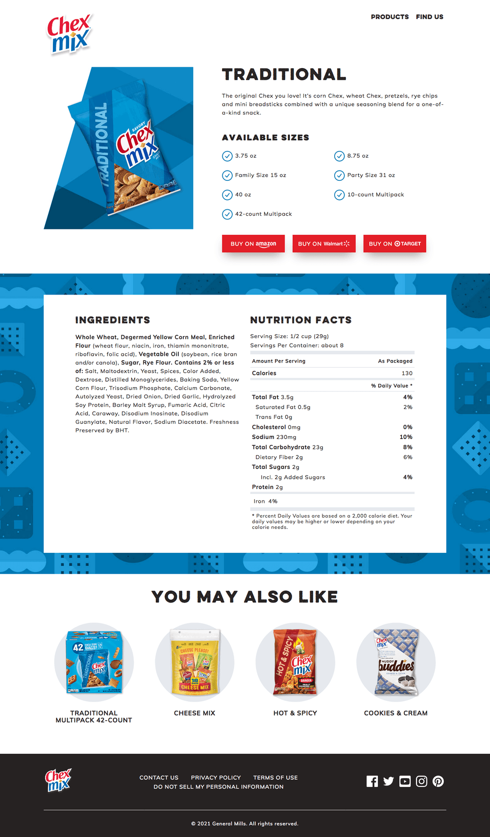 Product detail page of Chex Mix website