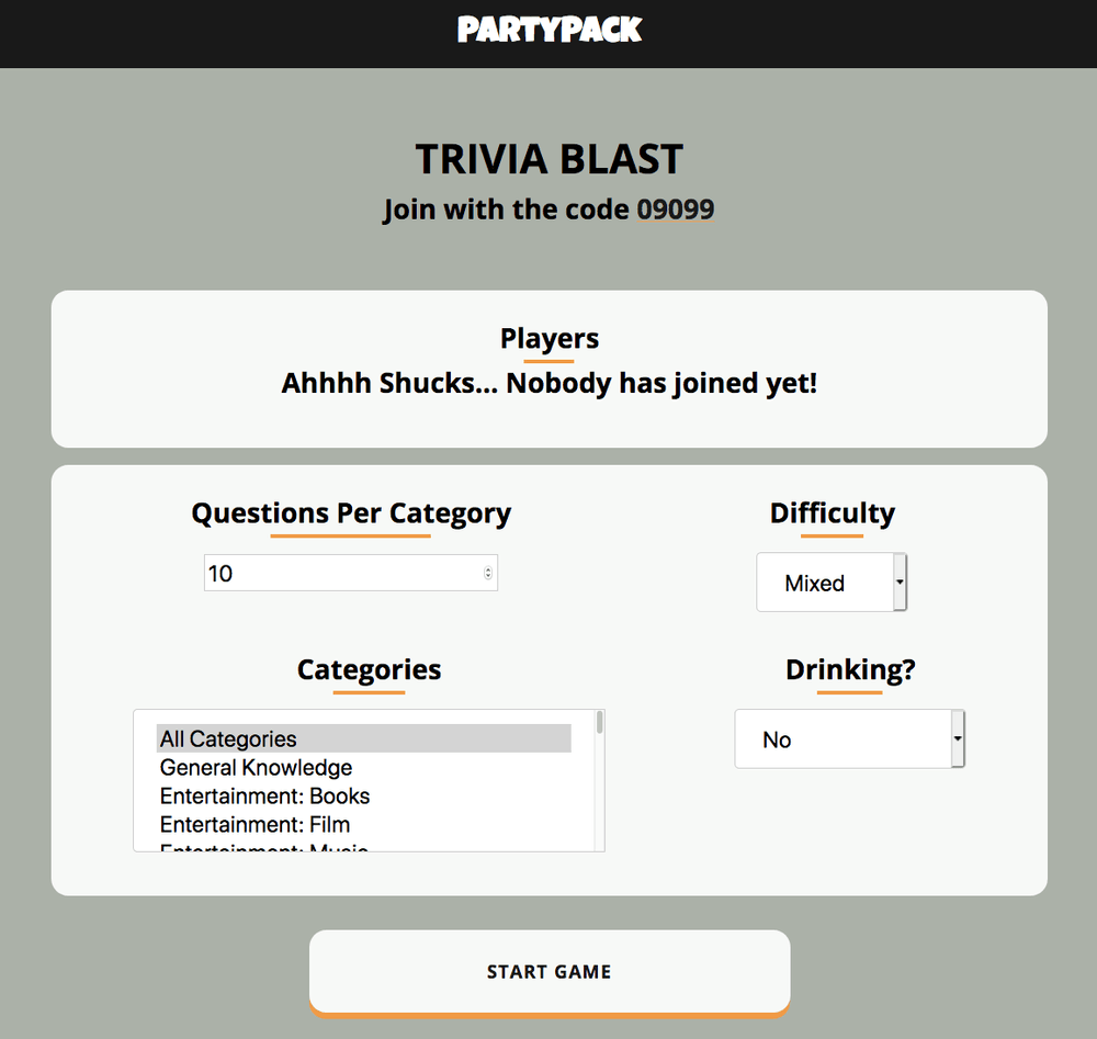 Host page of Party Pack - Trivia Blast, displays options such as difficulty, category, etc..