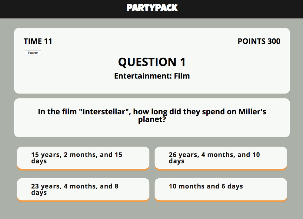 Host page of Party Pack - Question of Trivia Blast