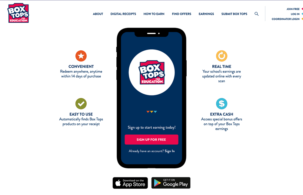 Homepage of Box Tops for Education website