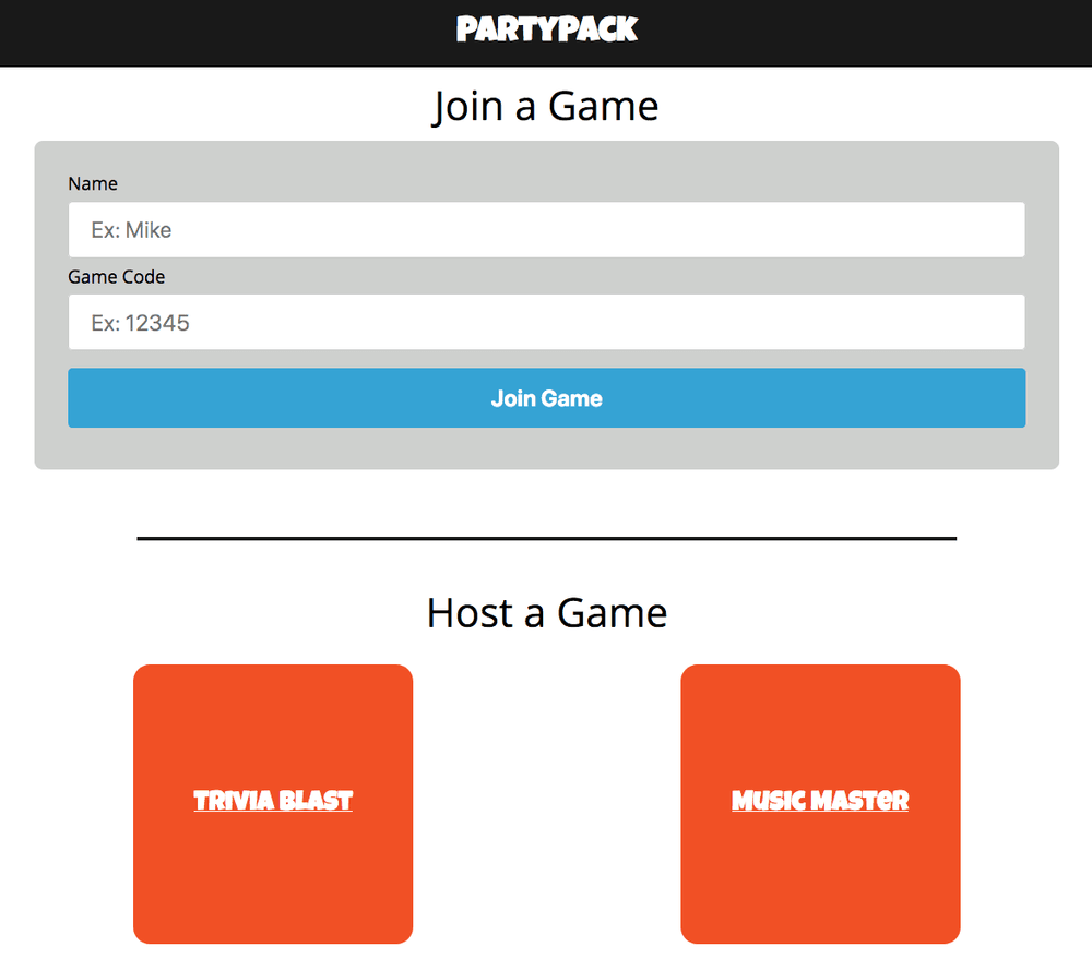 Homescreen of Party Pack web app, page has two sections, one for players to join, one for host to create a game